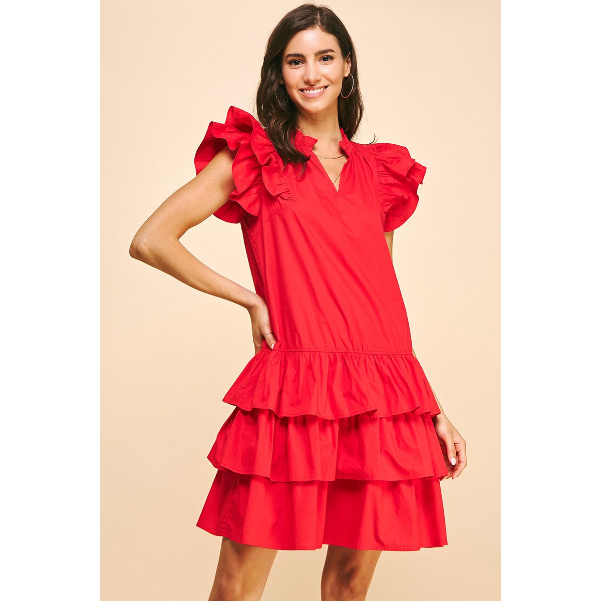 the red thread V ruffle dress fog