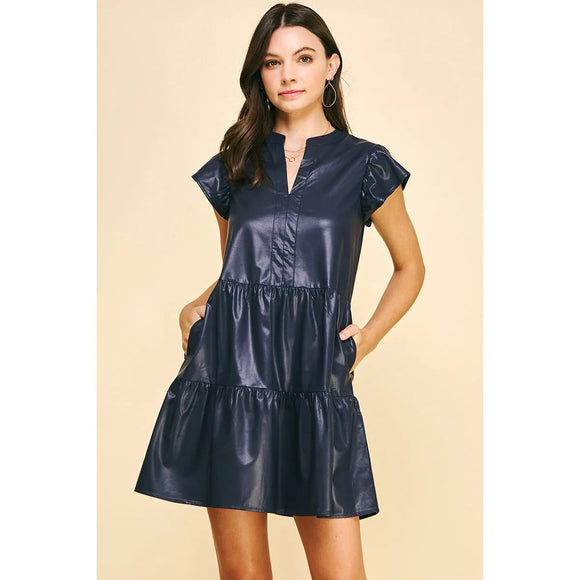 Sofia Deep Navy Pu Leather PINCH Mini Dress-SALE