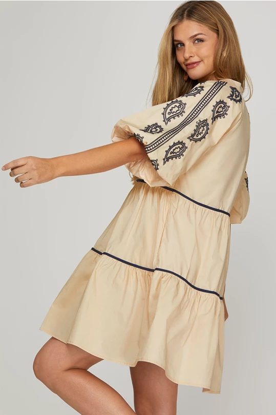 Inez Taupe Bubble Sleeve Embroidered She + Sky Mini Dress- SALE L Inez Taupe Bubble Sleeve Embroidered She + Sky Mini Dress- SALE L