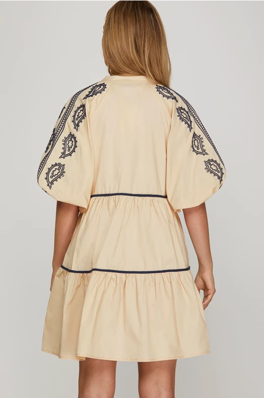 Inez Taupe Bubble Sleeve Embroidered She + Sky Mini Dress- SALE