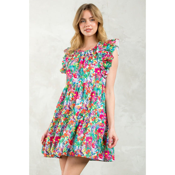 Aretha Flutter Sleeve Floral Midi THML Dress