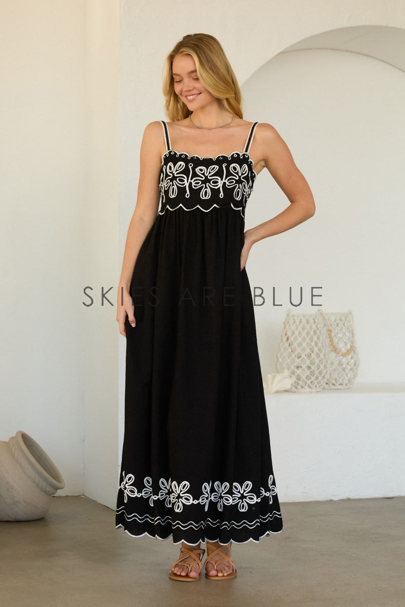 skies are blue dress Marlene Embroidered Maxi M 49.5” Sleeve Length Shoe size:8M INVOICE # H895021 Dillards Black Prom Dress