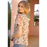 Shirey Pintucked Embroidered Bubble Sleeve Print VOY Top