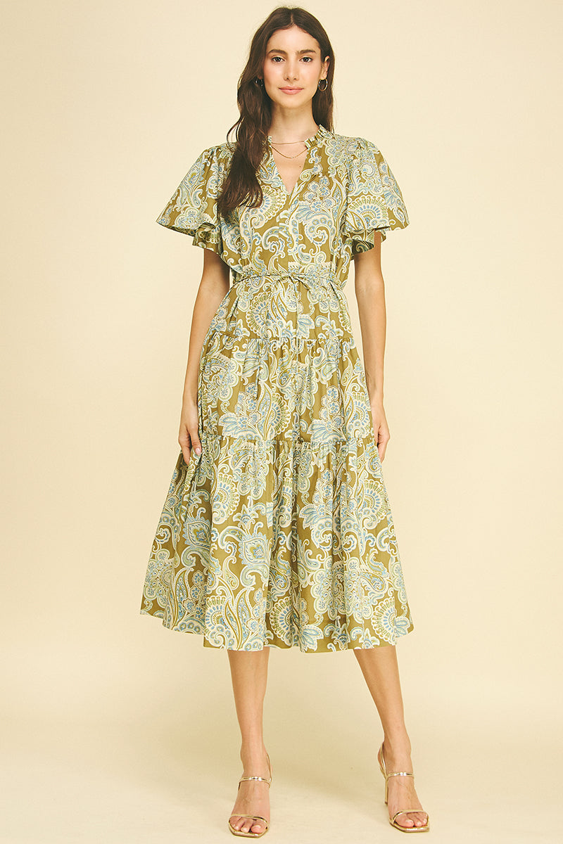 pinch dress Anya Paisley Flutter Sleeve Midi The front features a Black and White Floral Wood:Cherry prom after party