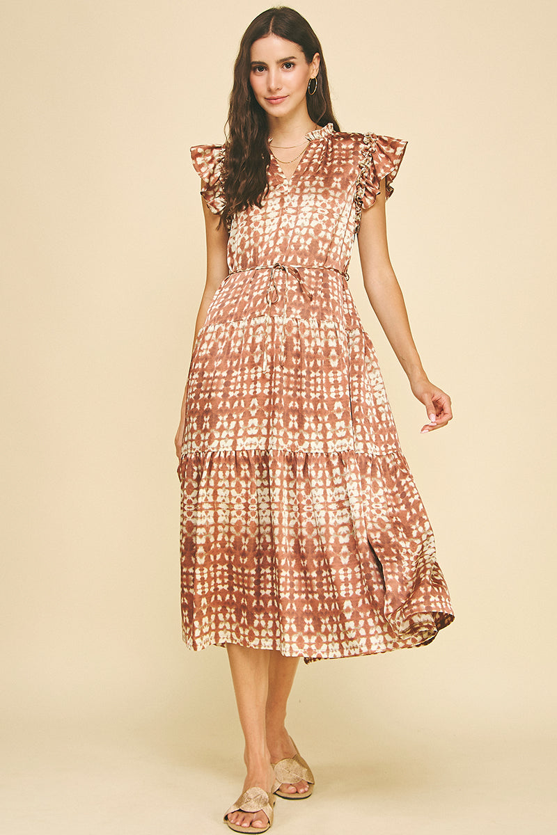 pinch tiered midi dress Georgette Print Tiered Midi Dress Red Brown / L