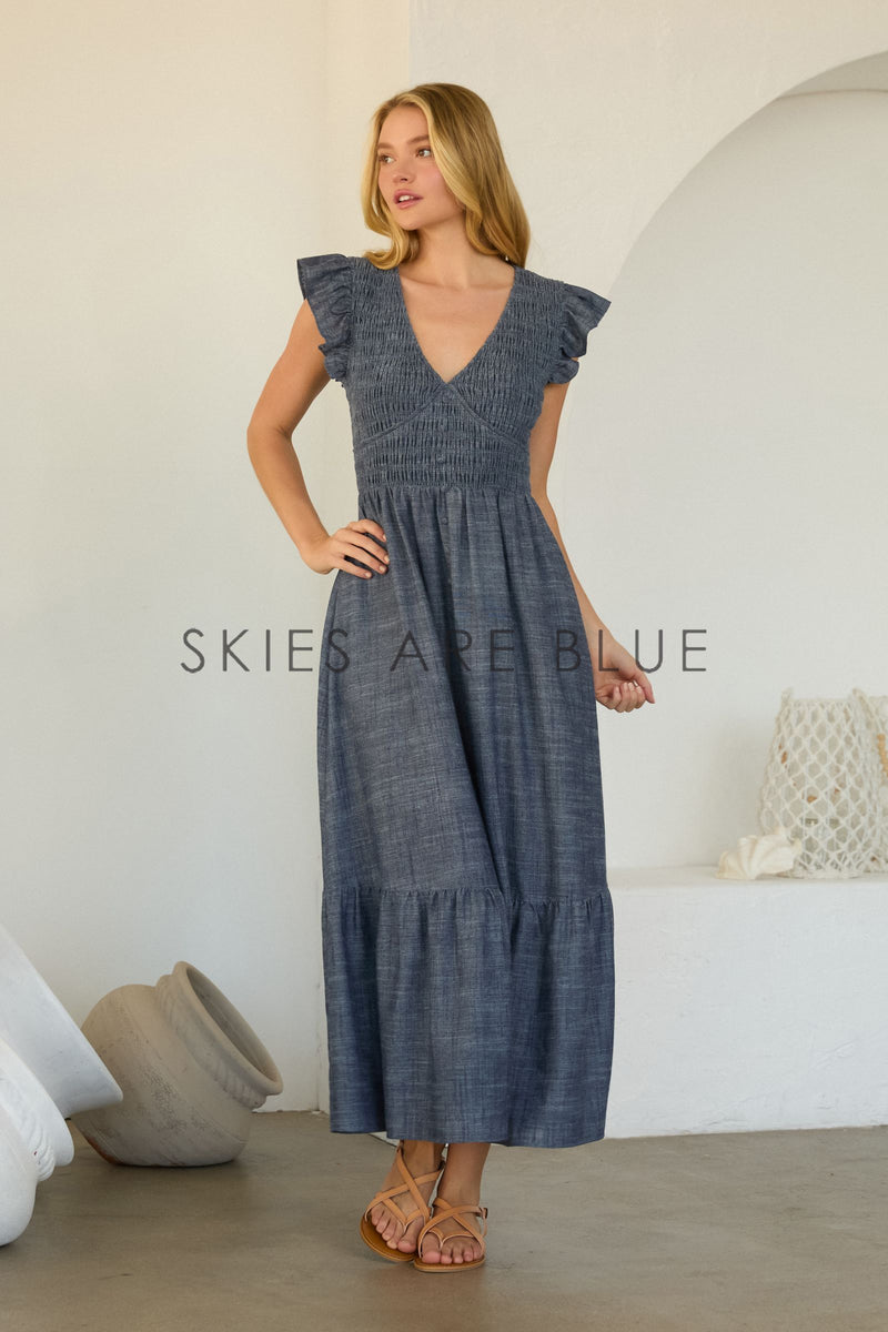 Smocked Flutter Sleeve Chambray Dress, Denim Blue L