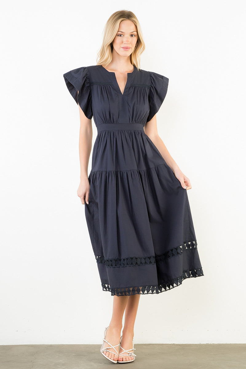 THML Michelle Ruffled Sleeve Tiered Midi Dress S