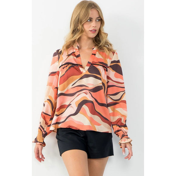 Leslie Abstract Print Long Sleeve THML Blouse -SALE