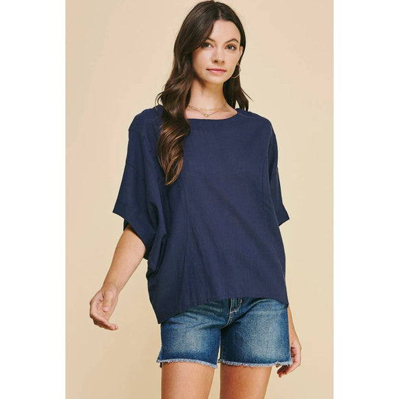 Evelyn Navy Boatneck Loose Fit Woven PINCH Top-SALE