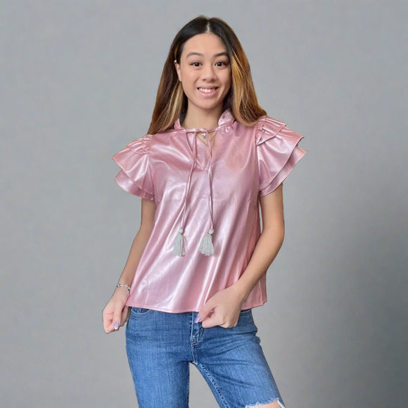 Carrie Pink Leather Flutter Sleeve THML Top-SALE