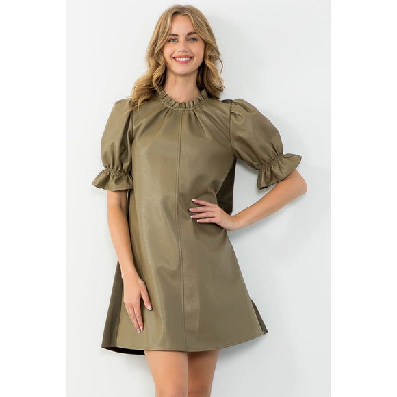 Sally Olive Puff Sleeve Leather THML Dress-SALE