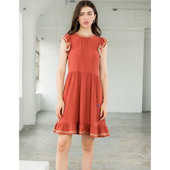 Sorya Rust Embroidered Flutter Sleeve Dress-SALE