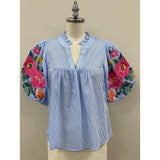 Sally Embroidered Puff Sleeve Striped THML Top
