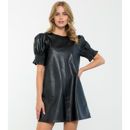 Tanya Black Short Sleeve Leather THML Dress-SALE