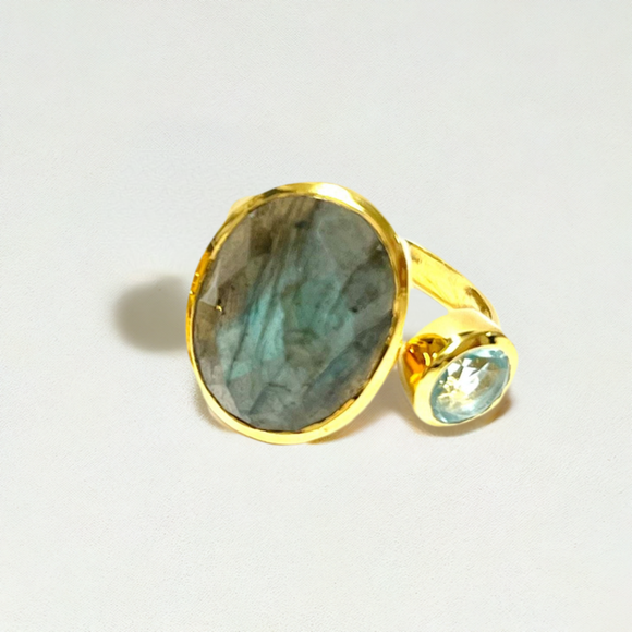 Julia Labradorite & Aquamarine Double Stone Ring