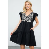 Chloe Black Flutter Sleeve Embroidered Floral THML  Dress-SALE