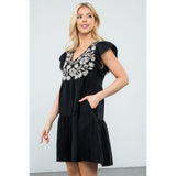 Chloe Black Flutter Sleeve Embroidered Floral THML  Dress-SALE