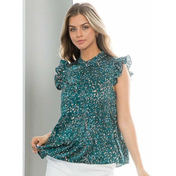 Lori Print Tiered Flutter Sleeve Teal THML Top-SALE