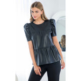 Paris Black Leather Tiered Short Sleeve THML Top-SALE