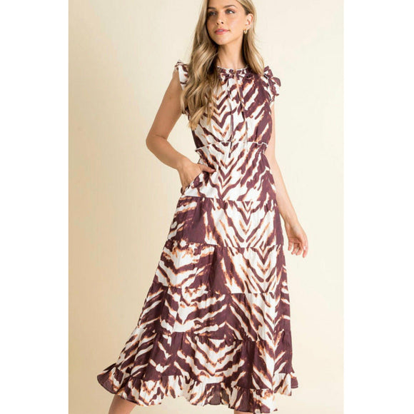 Faith Brown Cream Ruffle Tiered Long Printed Dress-SALE
