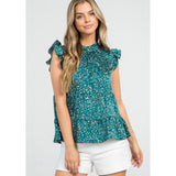 Lori Print Tiered Flutter Sleeve Teal THML Top-SALE