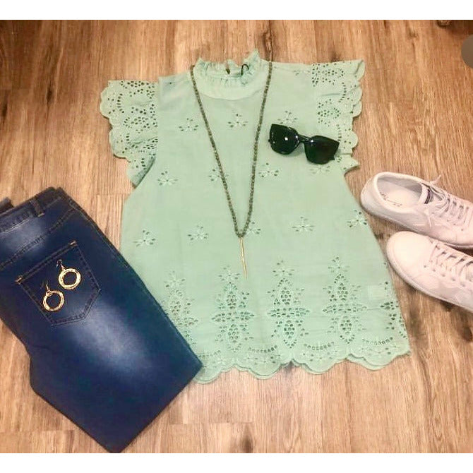 Jenny Mint Eyelet Ruffle Sleeve THML Top