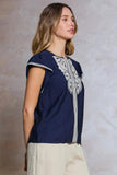 Georgia Embroidered Round Neck Flutter Sleeve Current Air Blouse