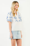 THML Adair Puff Sleeve Floral Embroidery V Neck Top