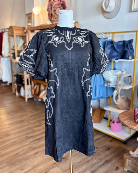 Beatrice Puff Sleeve Embroidery Detail Suede THML Dress