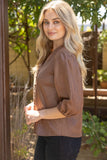 Octavia 3/4 Sleeve Button Down Solid Faux Leather  VOY Top