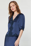 Kaeli Lace Satin V Neck Short Sleeve Button Front Current Air Blouse