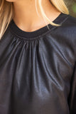 Leah Ribbed Knit Band Solid Faux Leather VOY Top