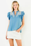 THML Celeste Ruffle Sleeve Embroidered Top
