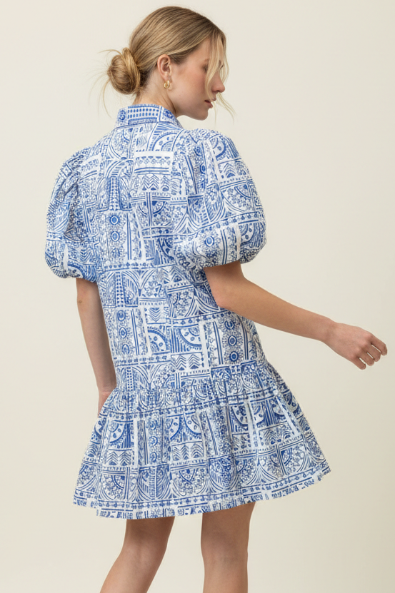 PINCH Jesse Geometric Print Puffed Sleeve Mini Dress – Fig Tree Jewelry ...