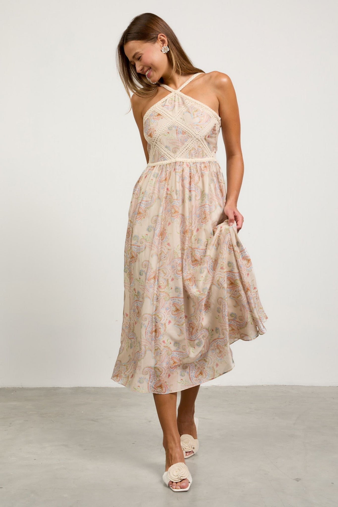 Tracy Paisley Halter Neck with Macrame Embroidery Skies are Blue Dress- SALE XS Tracy Paisley Halter Neck with Macrame Embroidery Skies are Blue Dress- SALE XS