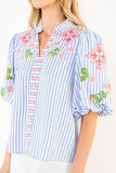 THML Esther Puff Sleeves Striped Embroidery Detail V Neck Top
