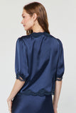Kaeli Lace Satin V Neck Short Sleeve Button Front Current Air Blouse
