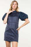 Ellie Navy Puff Sleeve Suede THML Dress