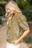 Berkley Ruffled V Neck Textured Burnout Velvet VOY Top