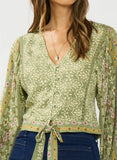 Lovestitch Hadley Button Down Front Tie Wide Sleeve with Lace Trim Top