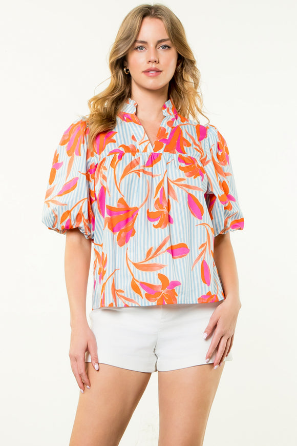 Everette Striped Floral Puff Sleeve THML Top