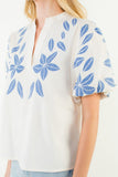 THML Adair Puff Sleeve Floral Embroidery V Neck Top