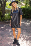 Vanessa Ruffled V Neck Solid Faux Leather Shift  VOY Dress