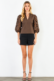 THML Cordelia Hollow Out Floral Sleeve Top