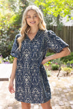 Daphne Smocked V Neck Jacquard Shift VOY Dress