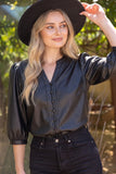 Ashley 3/4 Sleeve Button Down Solid Faux Leather  VOY Top