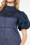 Ellie Navy Puff Sleeve Suede THML Dress