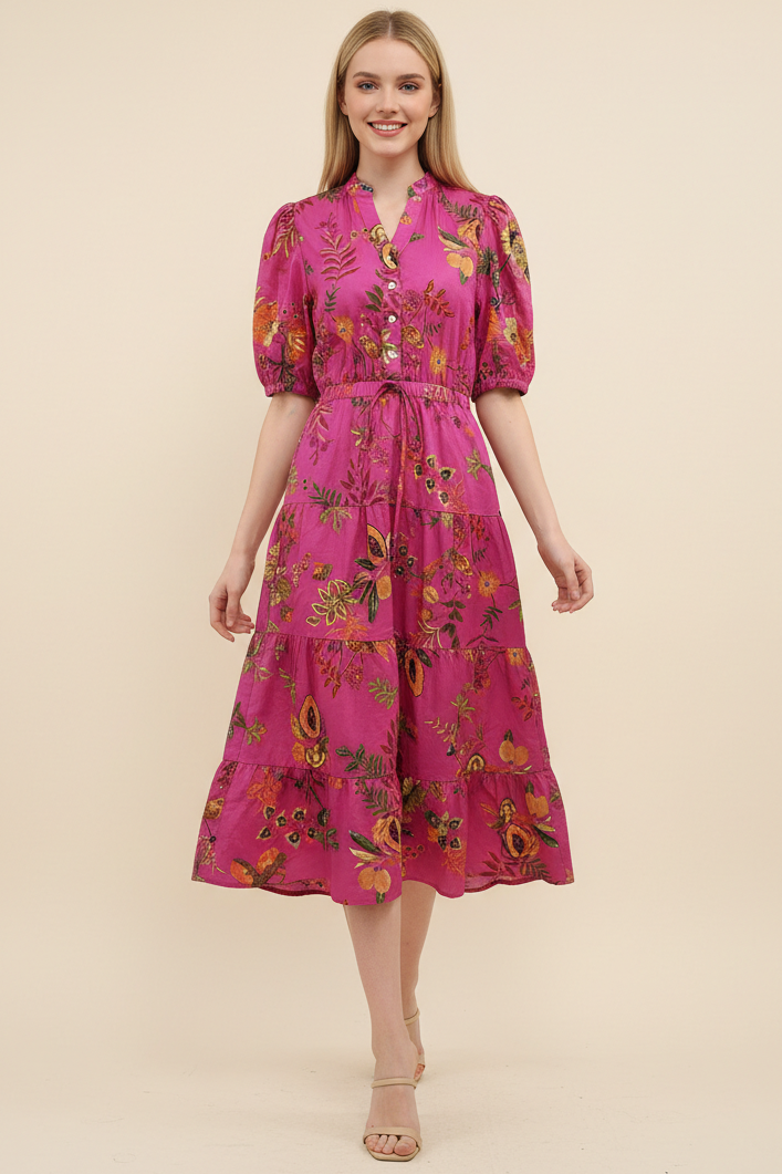 PINCH Kathryn Tropical Fruit Print Midi Dress L