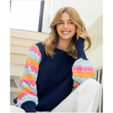 Stacey  Navy Ribbed Knit Multi Color Pattern Sleeve THML Sweater