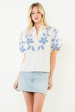 THML Adair Puff Sleeve Floral Embroidery V Neck Top
